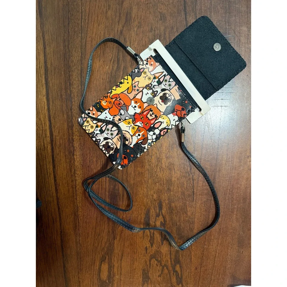 Cartoon Cat and Dog Print Crossbody Phone Bag Magnetic Snap Whipstitch New